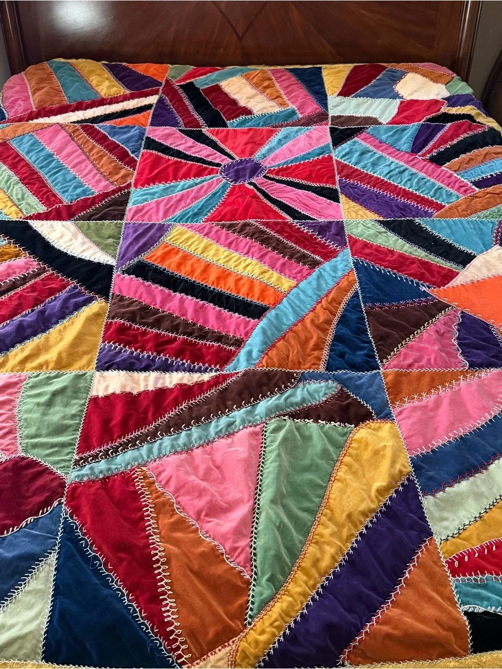 Vintage Crazy Patch Velvet Quilt 66x84 Hand Embroidered Boho Victorian